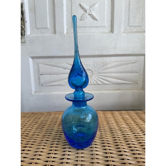 Vintage MCM Rainbow Art Glass Blue Crackle Decanter Bottle Flame Stopper - Picture 12 of 13